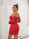 Women's Sexy Low Back Off-Shoulder Long-Sleeve Bridesmaid Dress Fishboned Bodycon Dress