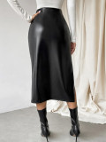 Black Sexy Autumn Winter Mid-Length PU Leather Skirt