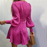 Autumn V-Neck Cut-Out Jacquard Lantern Sleeve Short Dress