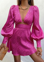 Autumn V-Neck Cut-Out Jacquard Lantern Sleeve Short Dress Autumn V-Neck Cut-Out Jacquard Lantern Sleeve Short Dress