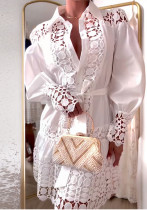 Lace Patchwork Long-Sleeve Belt Shirt Dress Lace Patchwork Long-Sleeve Belt Shirt Dress