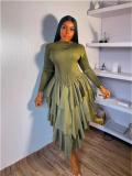 Plus Size Fashion Flounce Chic Slim Waist Elegant Solid Cascading Ruffles Dress
