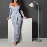 Off-Shoulder Beaded Glitter Long-Sleeve Dress Sexy Long Gown