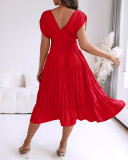 Red V-Neck Sleeveless Slim Waist Pleated A-Line Long Dress