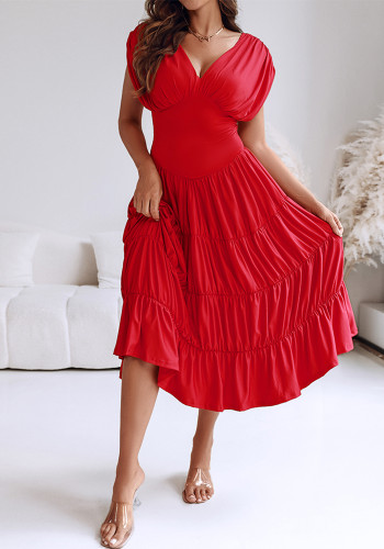 Red V-Neck Sleeveless Slim Waist Pleated A-Line Long Dress