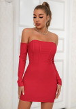 Women's Sexy Low Back Off-Shoulder Long-Sleeve Bridesmaid Dress Fishboned Bodycon Dress