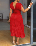 Red V-Neck Sleeveless Slim Waist Pleated A-Line Long Dress