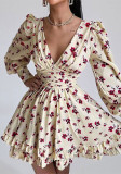 Floral Print Sweet V-neck Puff Sleeve Slim Waist Dress