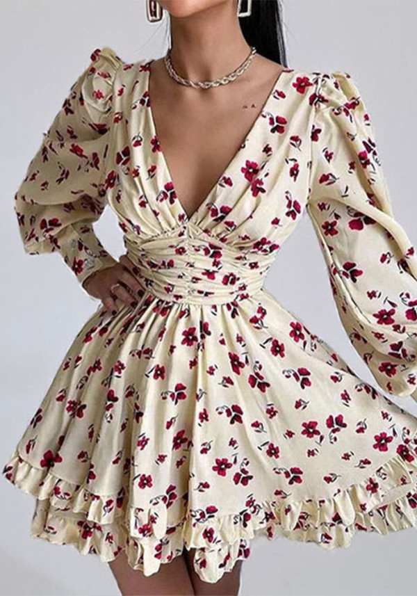Floral Print Sweet V-neck Puff Sleeve Slim Waist Dress
