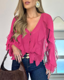 Irregular Flounce V-Neck Long-Sleeve Gradient Print Shirt