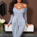 Off-Shoulder Beaded Glitter Long-Sleeve Dress Sexy Long Gown