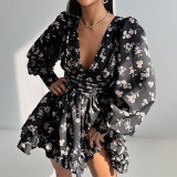 Floral Print Sweet V-neck Puff Sleeve Slim Waist Dress