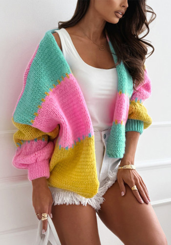 Contrast Patchwork Cardigan Women Autumn Winter Loose Knit Sweater Coat