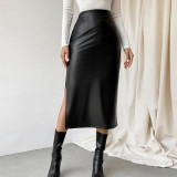 Black Sexy Autumn Winter Mid-Length PU Leather Skirt