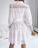 Lace Patchwork Long-Sleeve Belt Shirt Dress