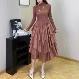 Plus Size Fashion Flounce Chic Slim Waist Elegant Solid Cascading Ruffles Dress