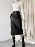 Black Sexy Autumn Winter Mid-Length PU Leather Skirt