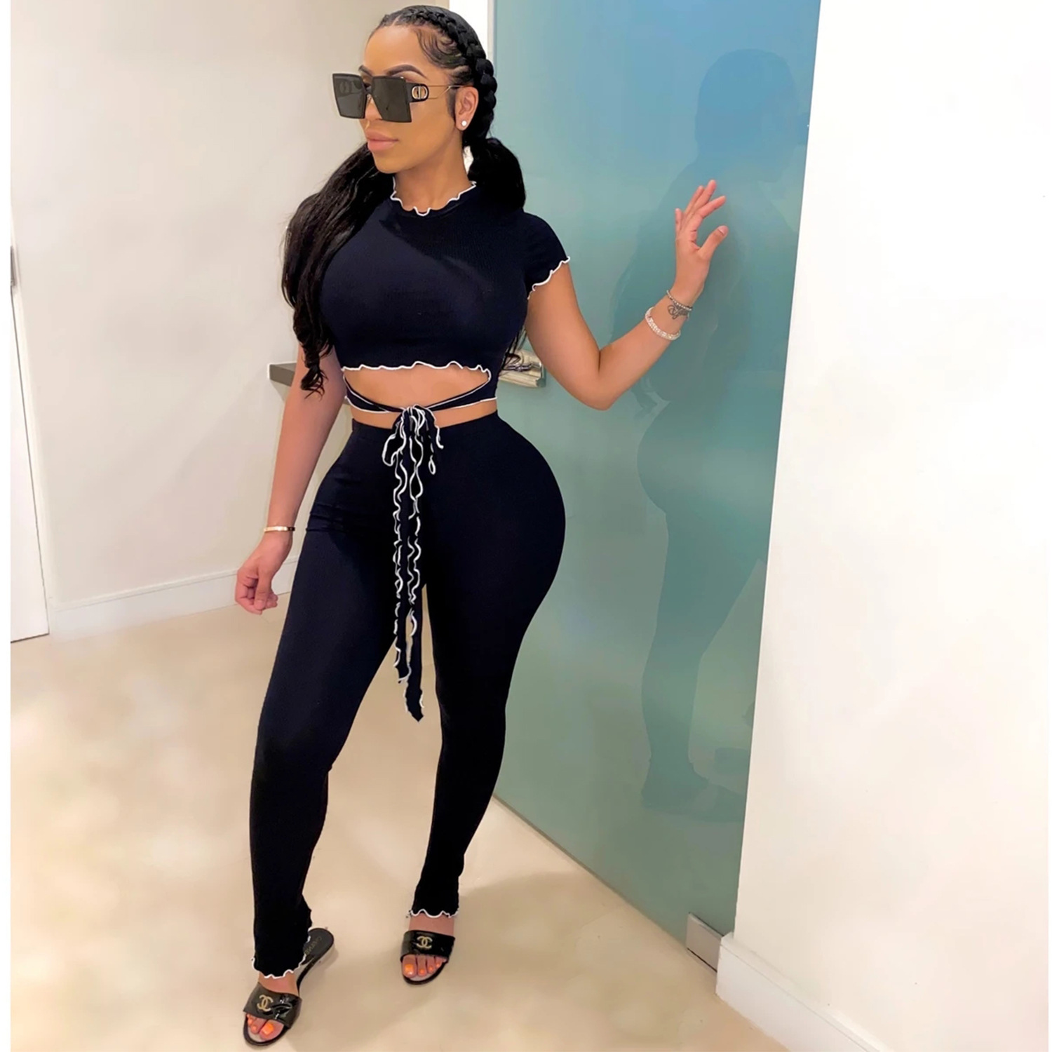 Women Sexy Short-Sleeved Top and Pant Two-Piece Set