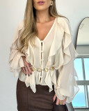 Irregular Flounce V-Neck Long-Sleeve Gradient Print Shirt