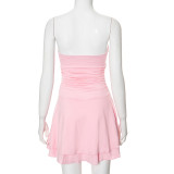Women Pleated Skirt Solid Strapless Dress