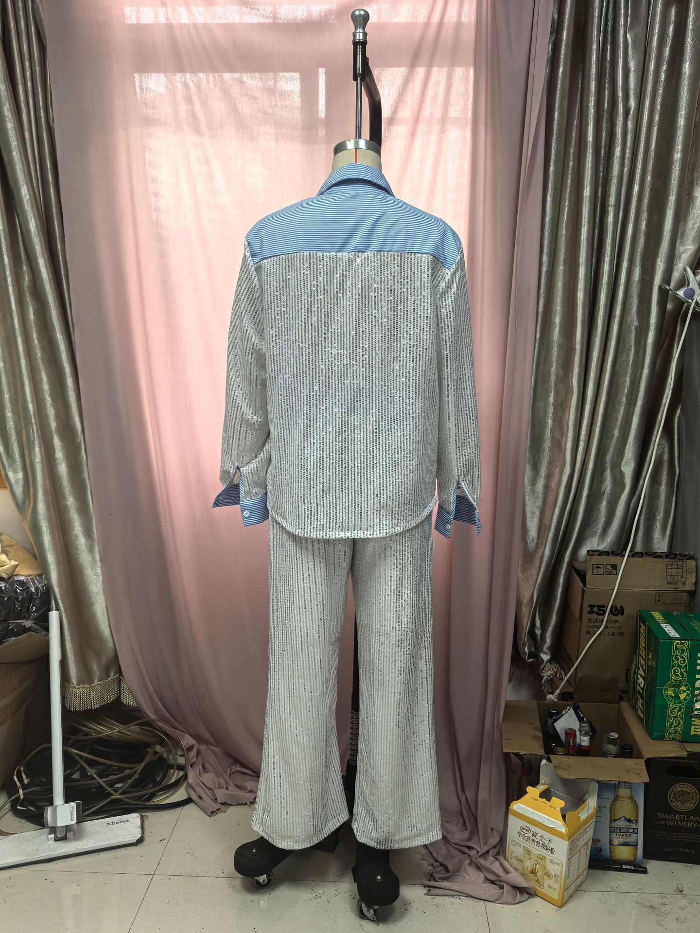 Women Casual Sequin Blazer and Wide-Leg Pants Two-Piece Set