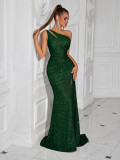 Women sexy one-shoulder slash shoulder sequined evening dress（Tie-Straps）