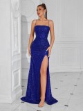Women formal party strapless sequined luxury evening dress.