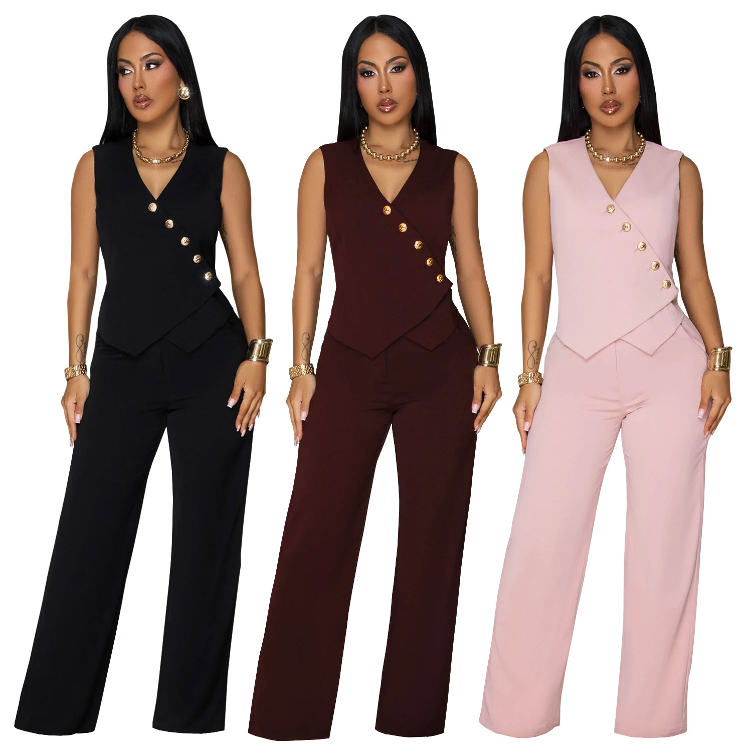 Women Casual Sleeveless V-Neck Top and Pants Two-Piece Set