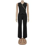 Women Casual Sleeveless V-Neck Top and Pants Two-Piece Set