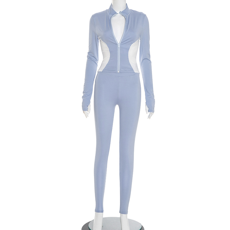 Women Fall Workout Colorblock Sport Jacket Two-Piece Set