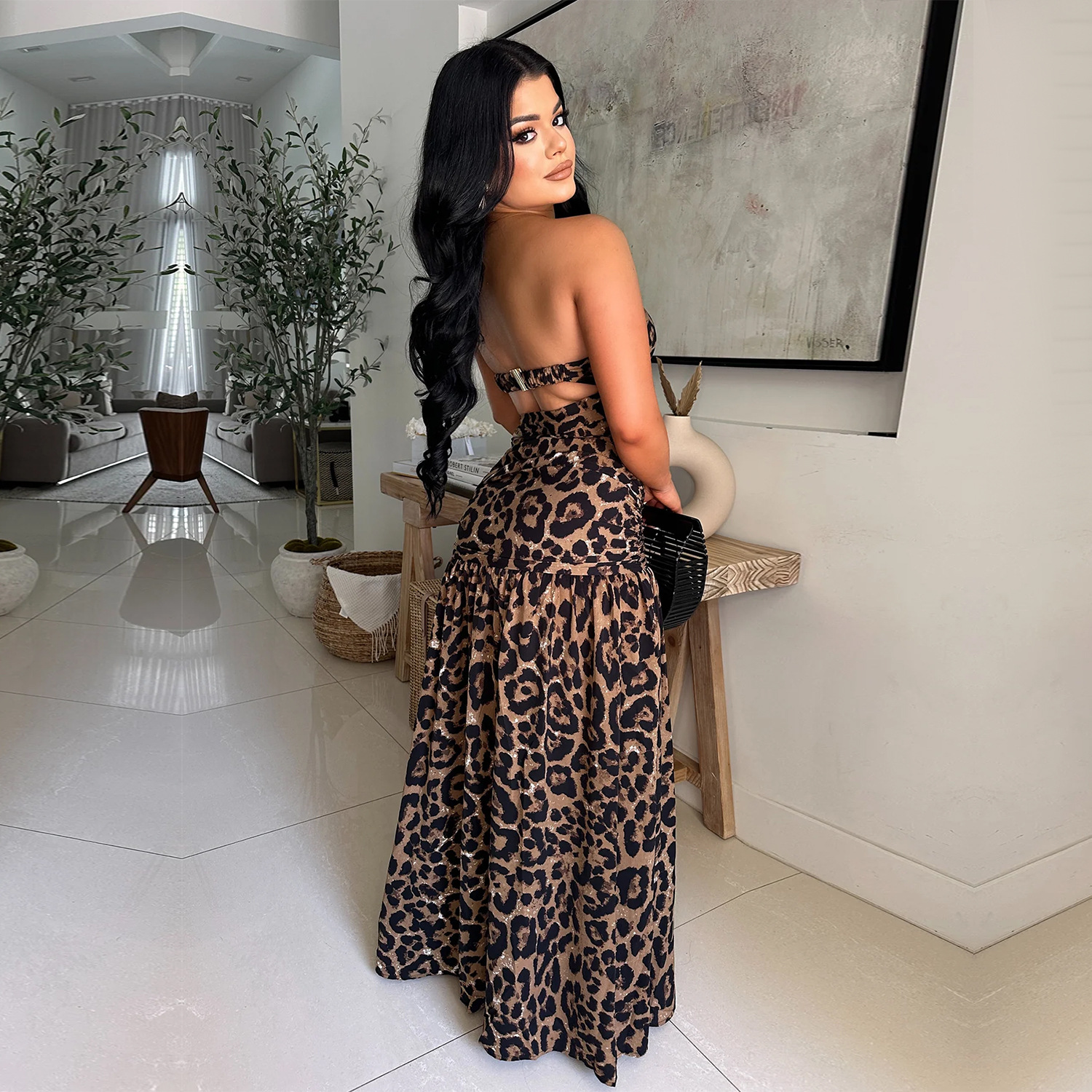 Women Sexy Leopard Print Strapless Backless Dress