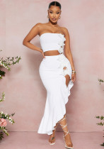 Women Slit Strapless Ruffle Lace Top and Skirt Two-Piece Set Women Slit Strapless Ruffle Lace Top and Skirt Two-Piece Set