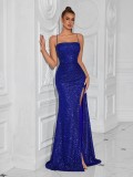 Women formal party strapless sequined luxury evening dress.