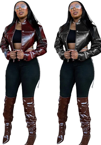 Women Cropped Pu-Leather Jacket