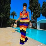 Women multi-color striped halter neck backless top and knitting pant, sexy see-through mesh two-piece set.