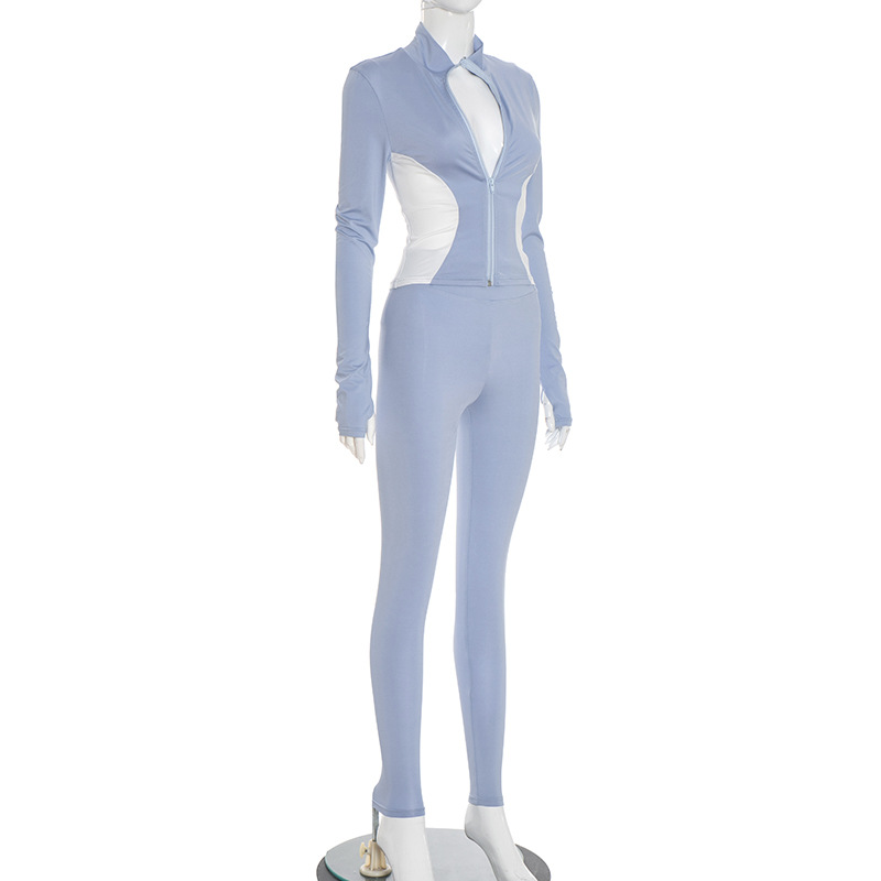 Women Fall Workout Colorblock Sport Jacket Two-Piece Set