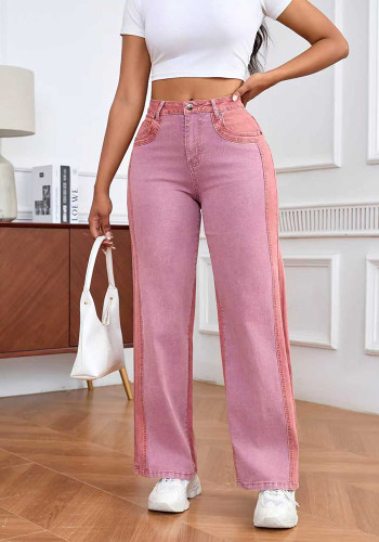 Women Patchwork Wide-Leg Denim Pants, Fall American Style Contrast Color Pants