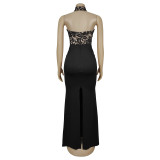 Women Sexy Halter Neck Lace Sleeveless Slit Dress