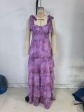 Women Spring/Summer Sleeveless Floral Strappy Off-The-Shoulder Tie-Drape Dress
