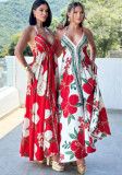 Women Spring/Summer Off-The-Shoulder V-Neck Strappy Print Dress