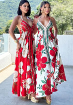 Women Spring/Summer Off-The-Shoulder V-Neck Strappy Print Dress Women Spring/Summer Off-The-Shoulder V-Neck Strappy Print Dress