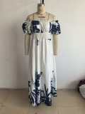 Women Summer Puff-Sleeve Printed Strap Dress
