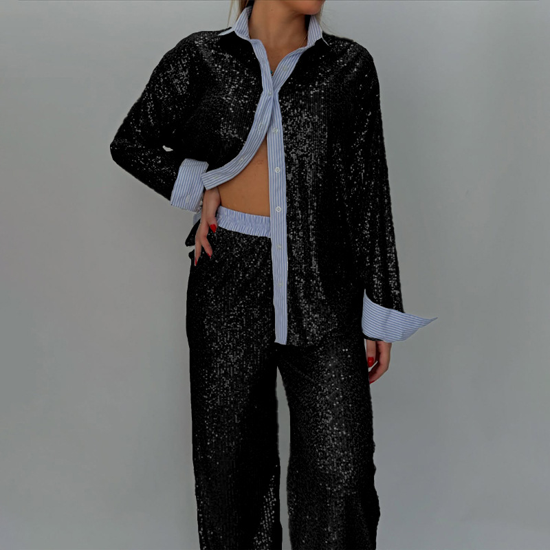 Women Casual Sequin Blazer and Wide-Leg Pants Two-Piece Set