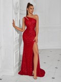 Women sexy one-shoulder slash shoulder sequined evening dress（Tie-Straps）