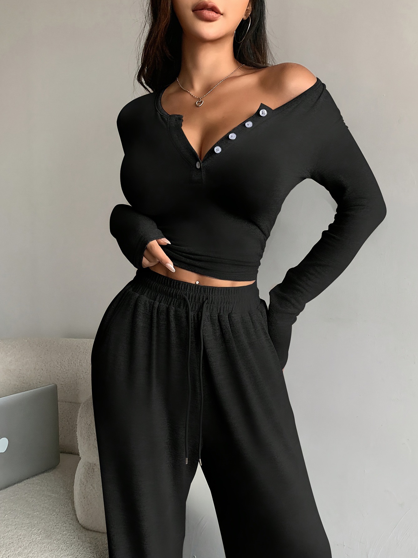 Women Fall Long-Sleeved Buttoned Solid Top and Pants Two-Piece Set
