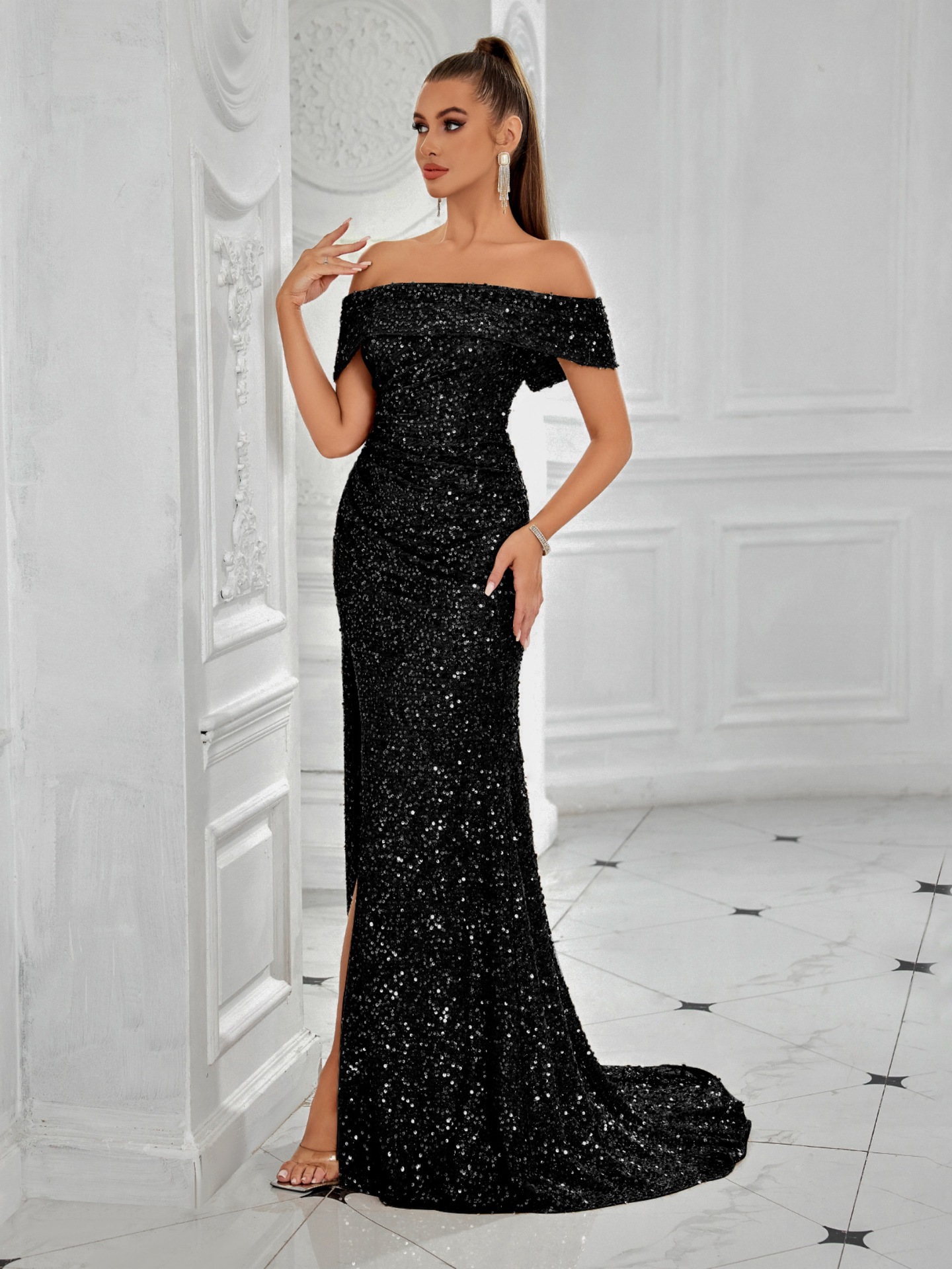 Women formal party off-shoulder sequined Slited Maxi Dress