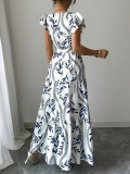 Women Spring/Summer Printed Ruffle V-Neck Sexy Maxi Dress