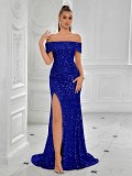 Women formal party off-shoulder sequined Slited Maxi Dress