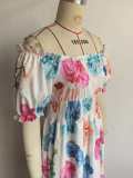 Women Summer Puff-Sleeve Printed Strap Dress