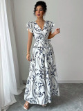 Women Spring/Summer Printed Ruffle V-Neck Sexy Maxi Dress